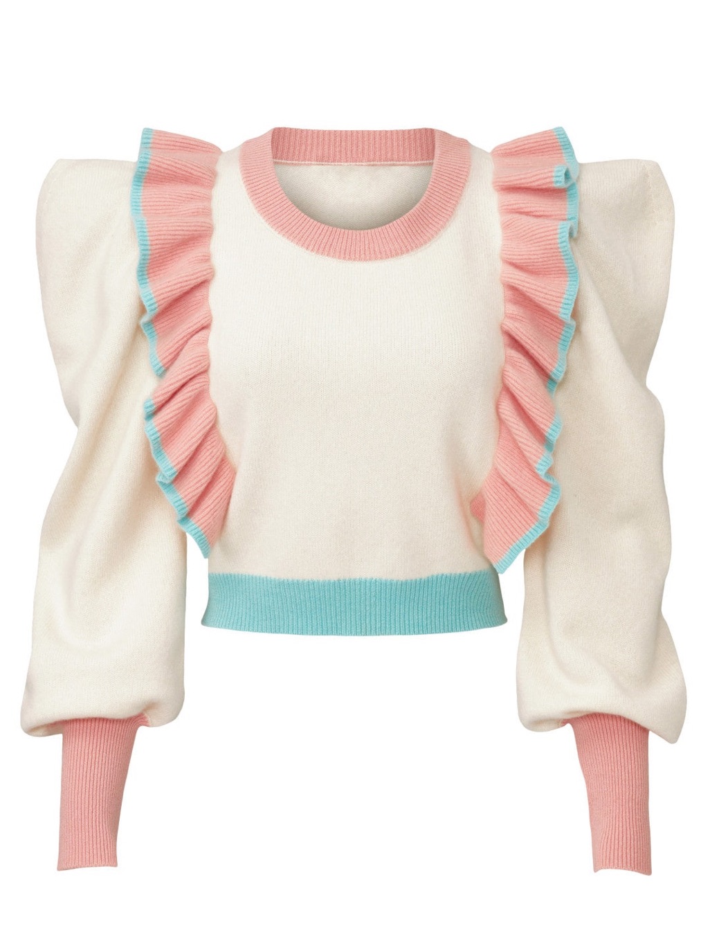 Loveshackfancy Cream Sweater With Pink Ruffles And Blue Trim